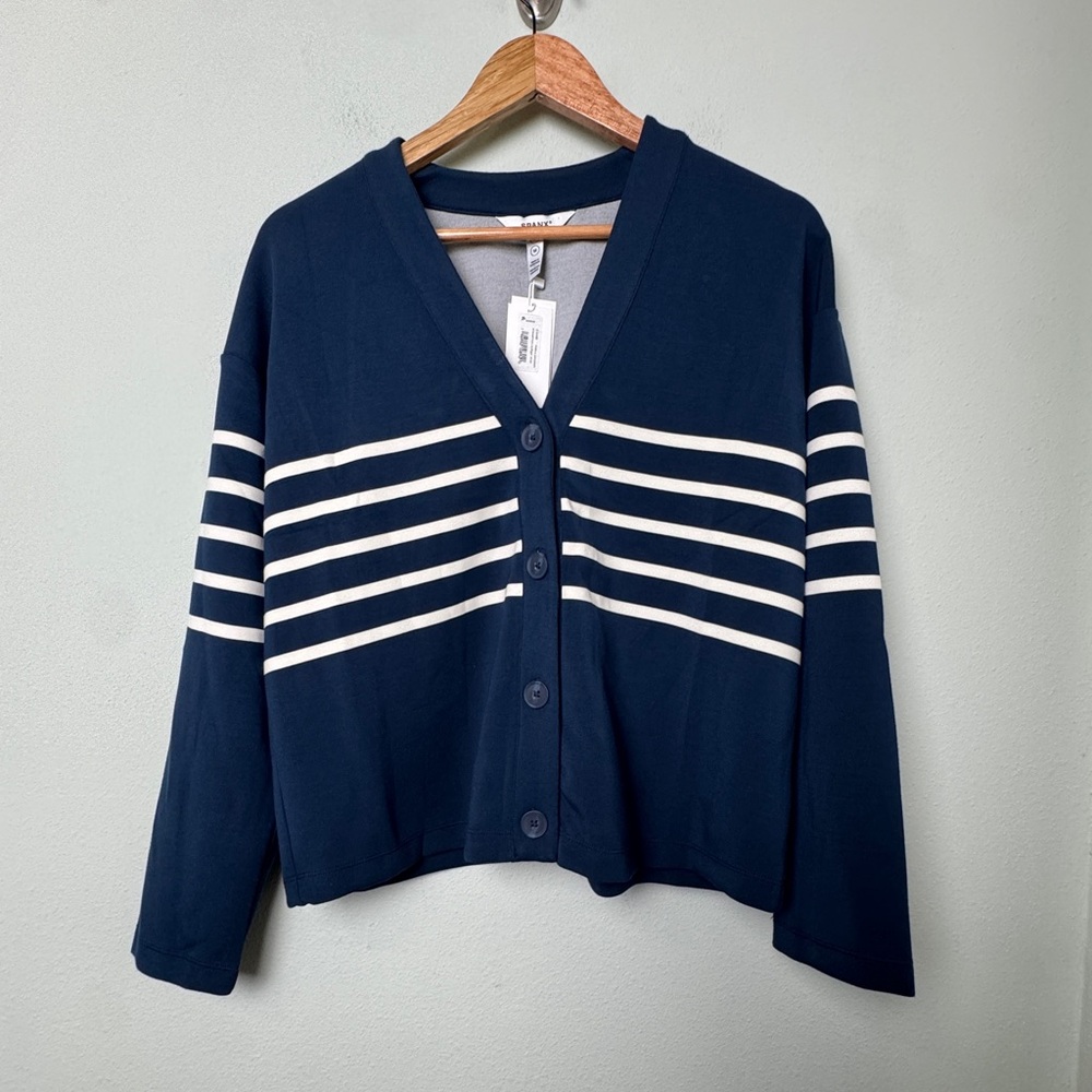 NEW SPANX airessentials long sleeve cardigan in midnight navy stripe size medium - Picture 4 of 13